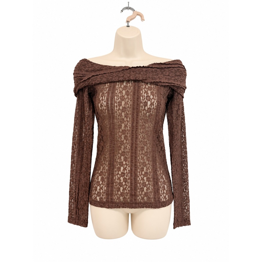 Anthropologie Pilcro Lace Off Shoulder Top Chocolate Brown Long Sleeve Sheer XL
